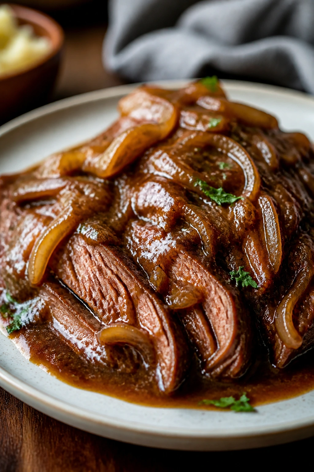 Close-up plate of French onion pot roast with onions and gravy