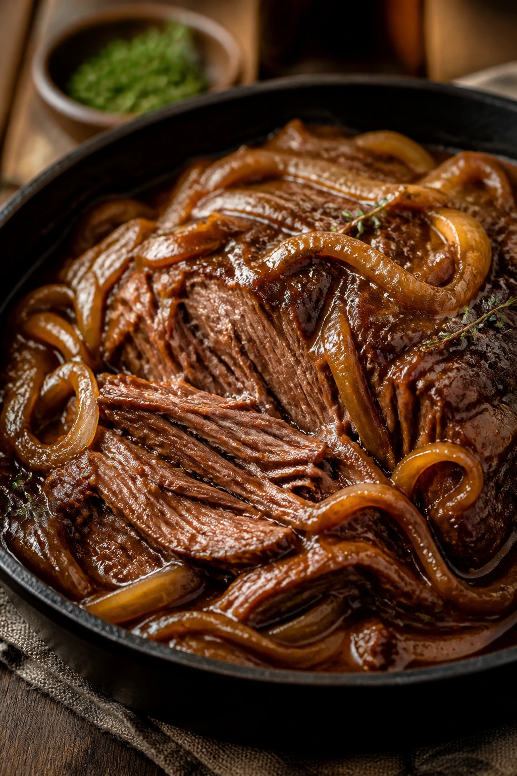 Close-up of pot roast with onions in a rich gravy
