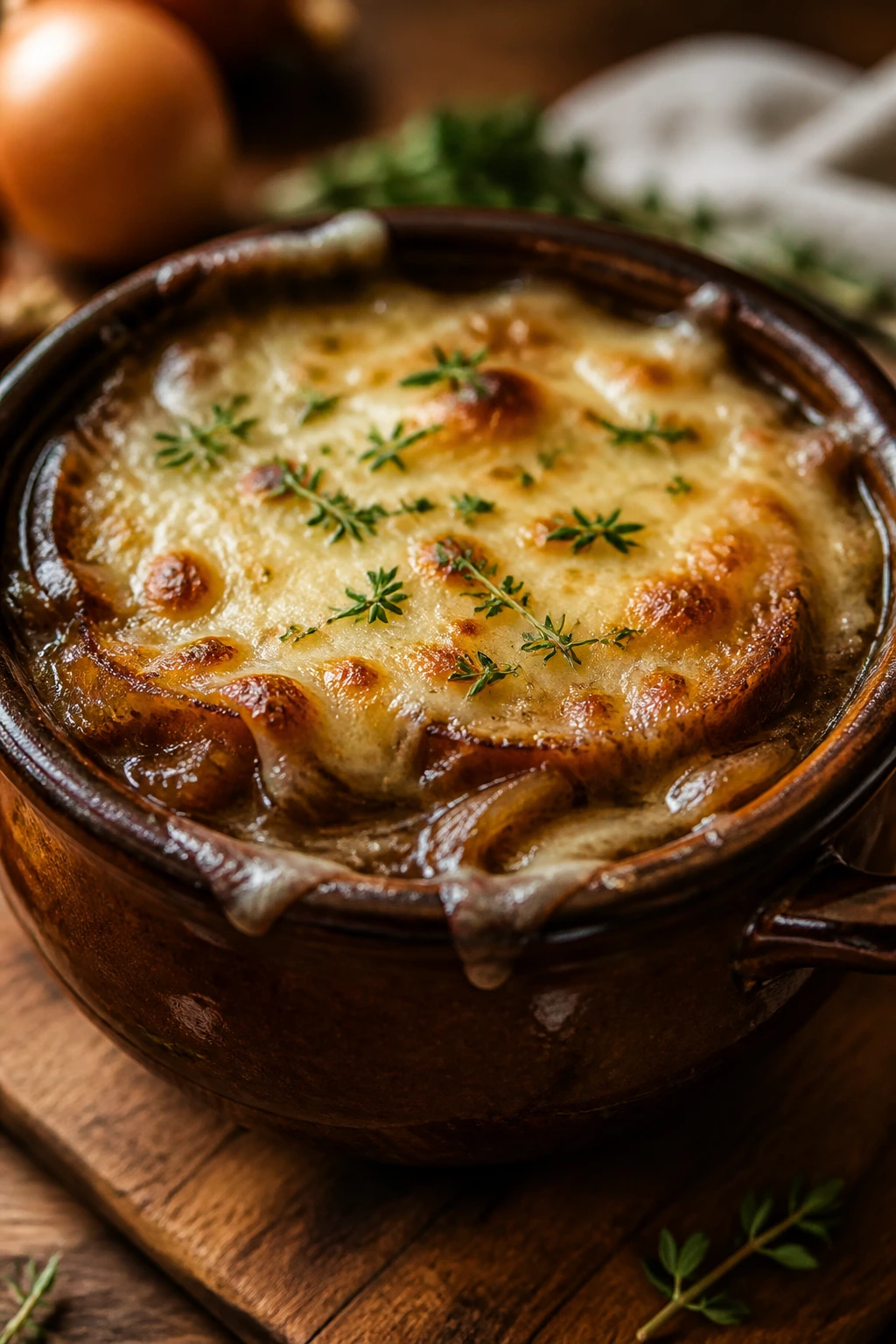 Close-up of French onion soup with melted cheese