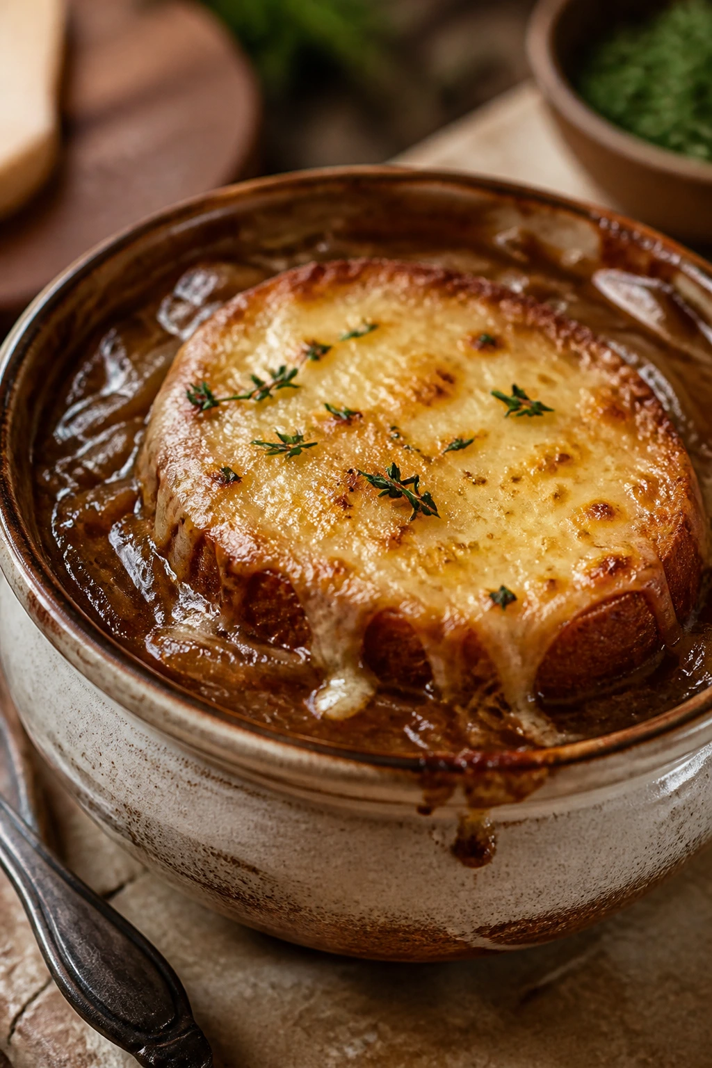Close-up of French onion soup with Gruyère toast in a bowl