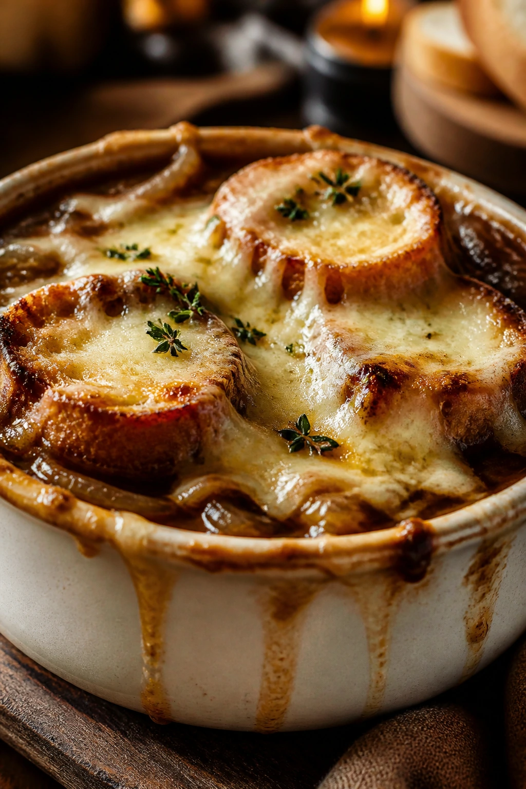 Close-up of French onion soup with Gruyère cheese crust