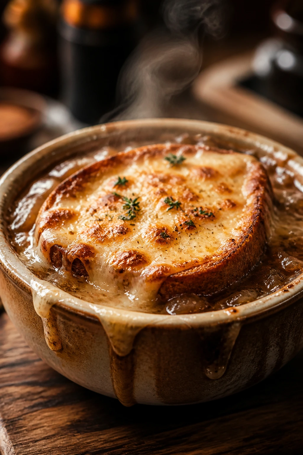 Close-up of French onion soup with Gruyère toast in a rustic bowl