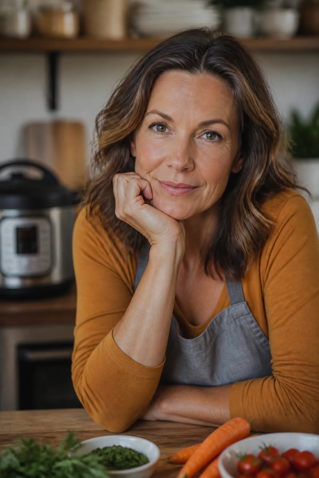 Portrait of a real person in a warm kitchen, reflecting on common Instant Pot questions