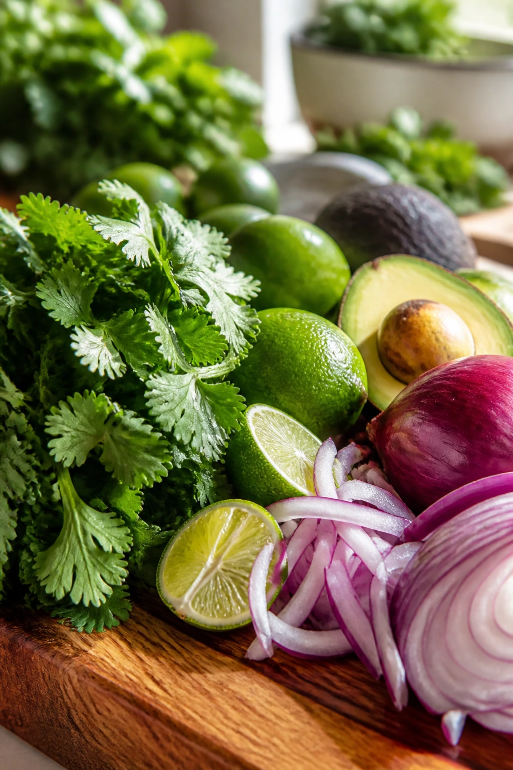 Fresh cilantro, limes, onions, and avocados on a wooden board