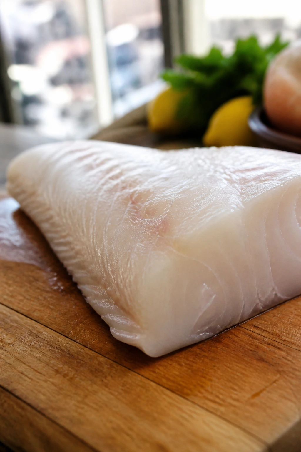 Fresh cod fillet on cutting board in kitchen