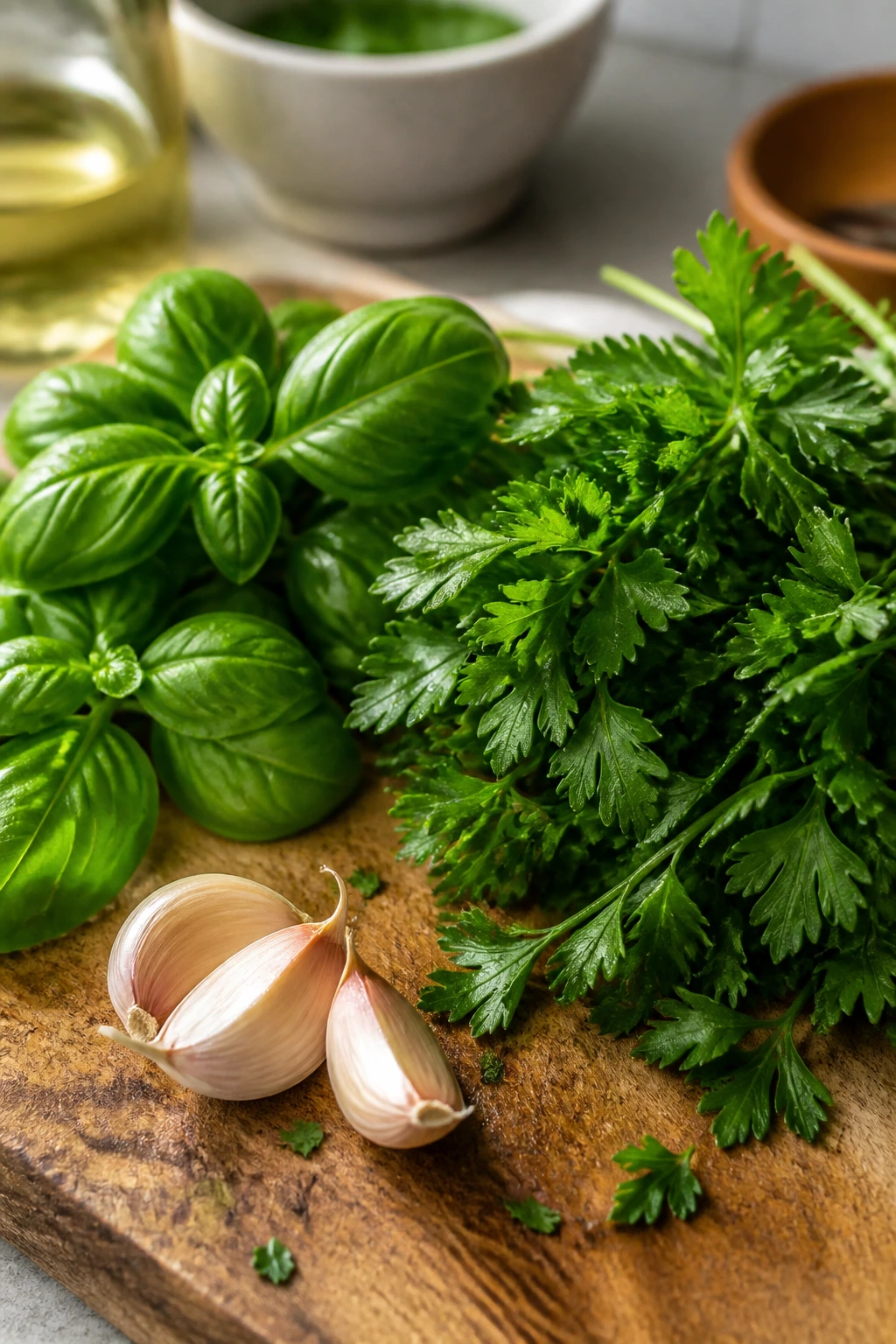 Fresh herbs on a cutting board highlighting smart ingredient shopping