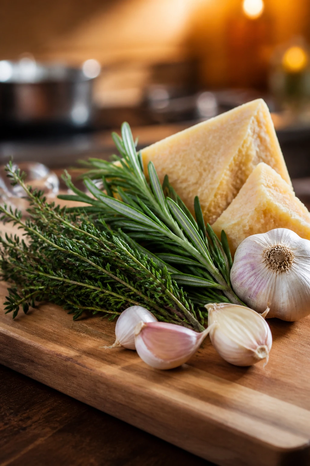 Close-up of fresh herbs and Parmesan on a cutting board