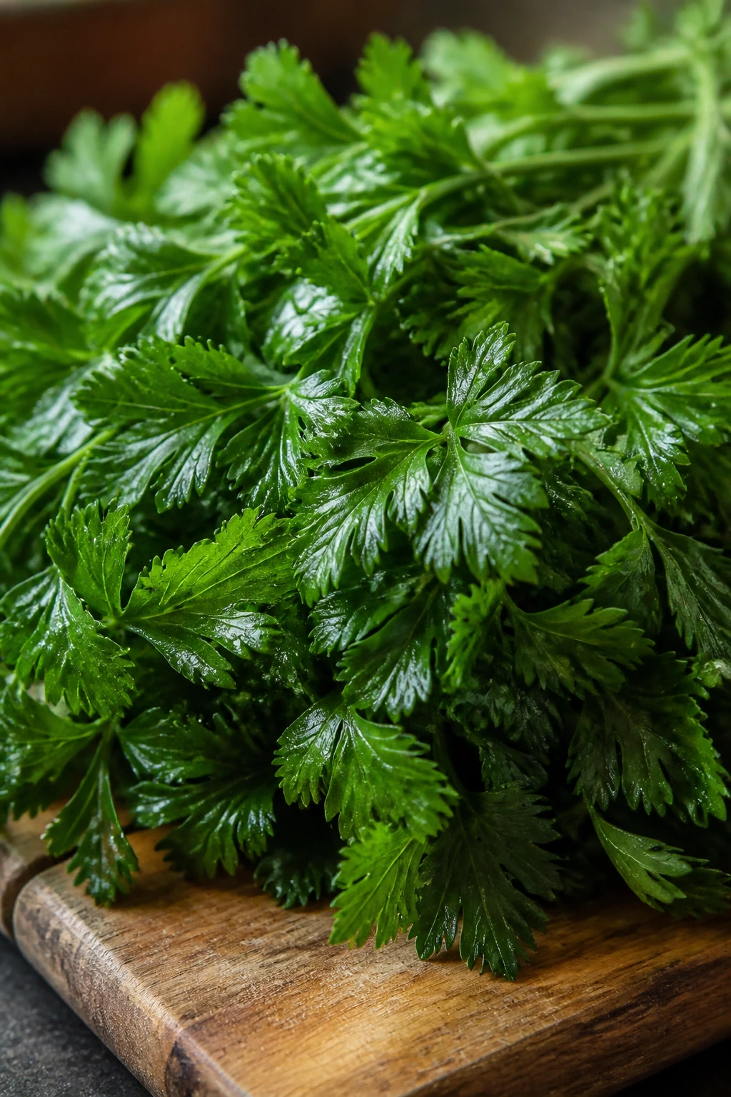 Fresh parsley on cutting board, vibrant green leaves
