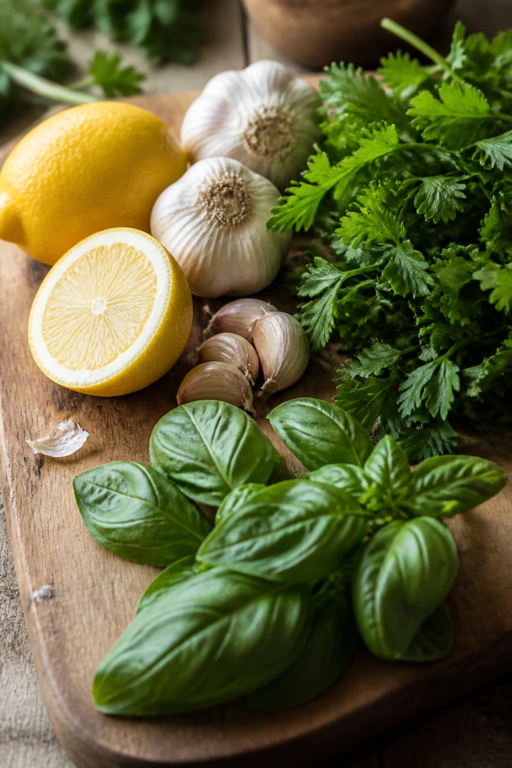 Fresh lemons, garlic, parsley, and basil on a wooden board