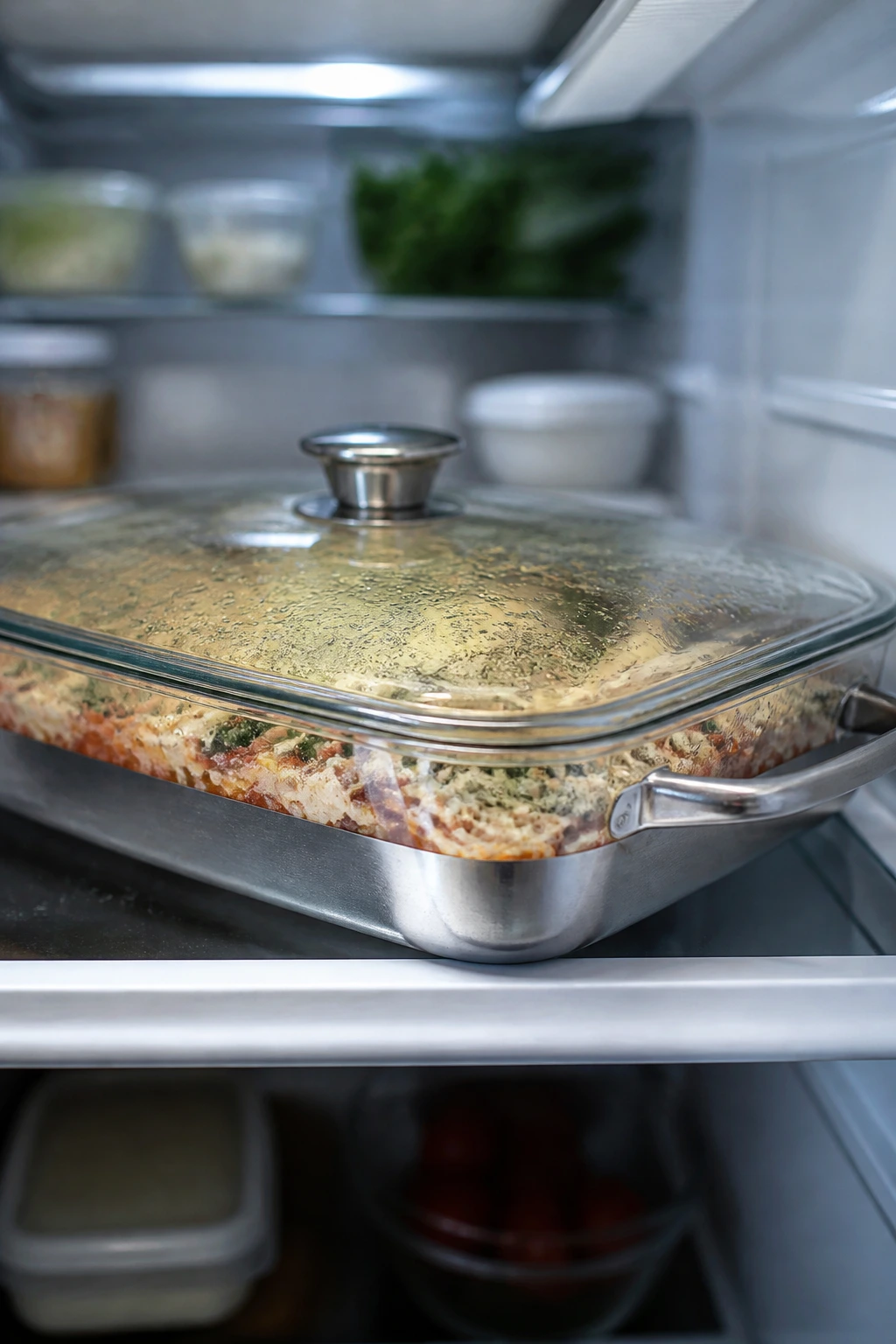 Single casserole pan filling the frame inside a home fridge