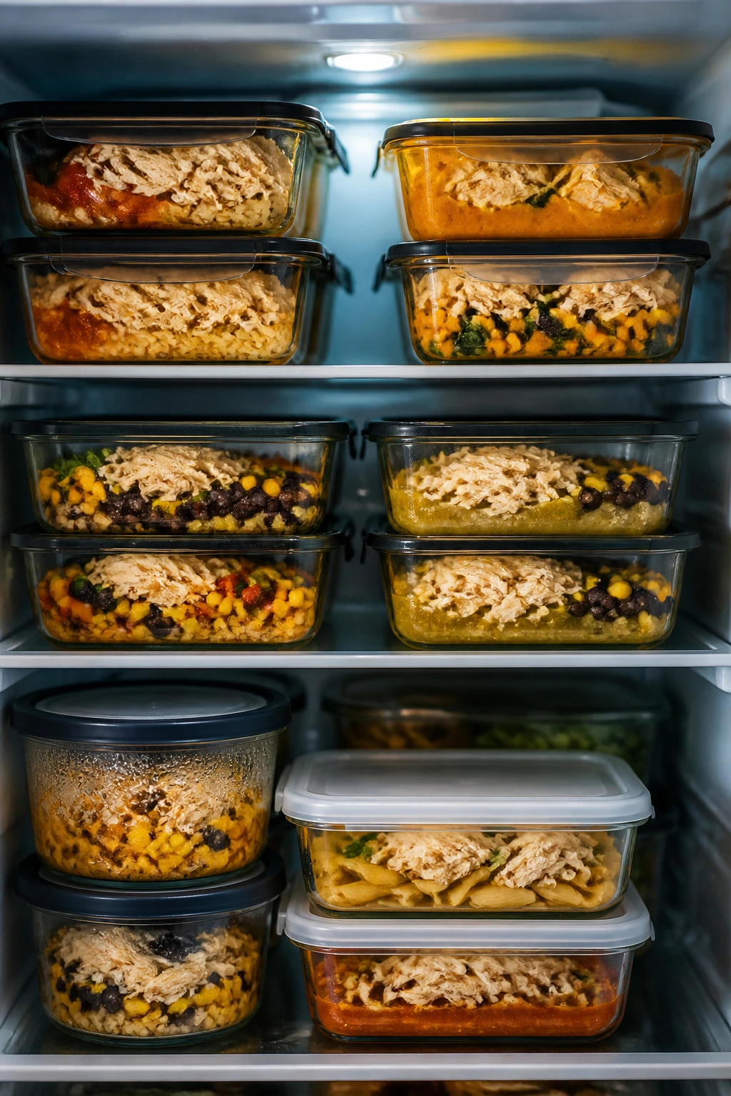 Inside a refrigerator with neatly arranged meal-prep containers filled with shredded chicken dinners