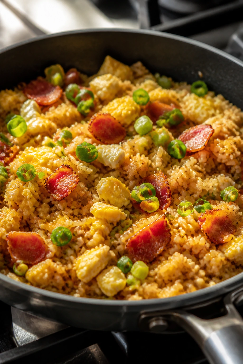 Fried rice with bacon and scallions in a skillet