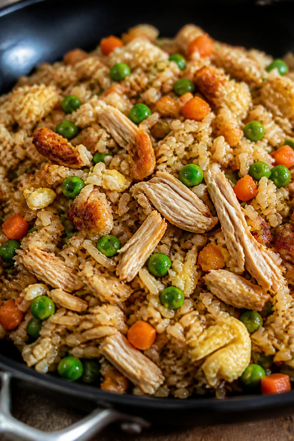 Close-up of chicken fried rice with vegetables in a skillet