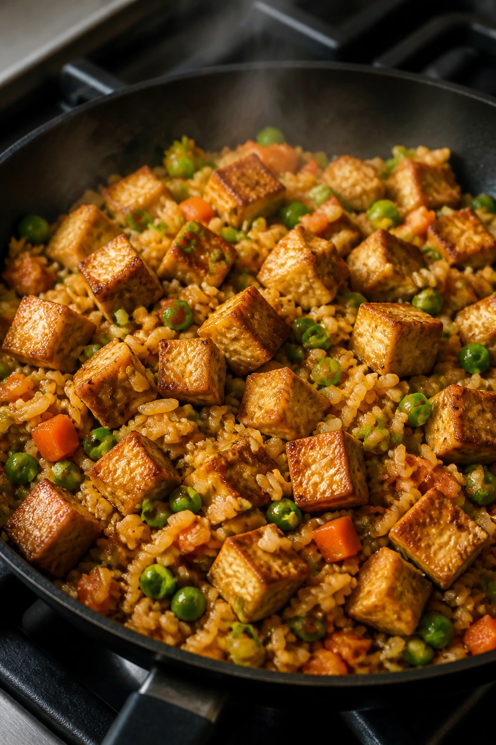 Crispy tofu in vegetable fried rice on a skillet with peas and carrots