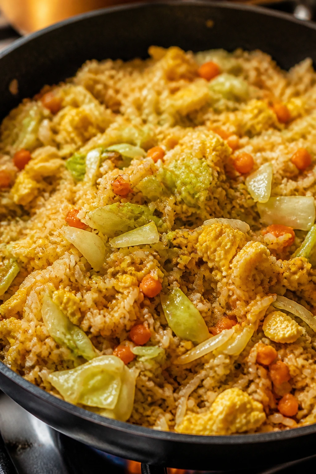 Close-up of egg and cabbage fried rice stir-fry