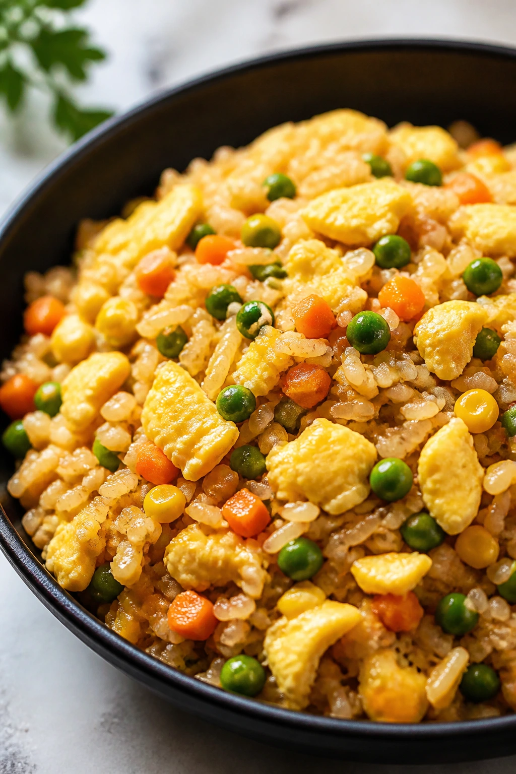 Egg fried rice with frozen vegetables in a pan
