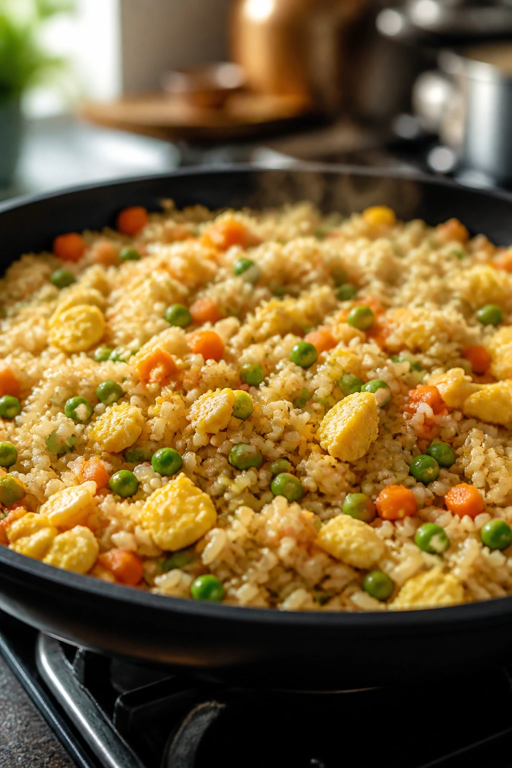 Close-up of fried rice with eggs, peas, and carrots in a skillet
