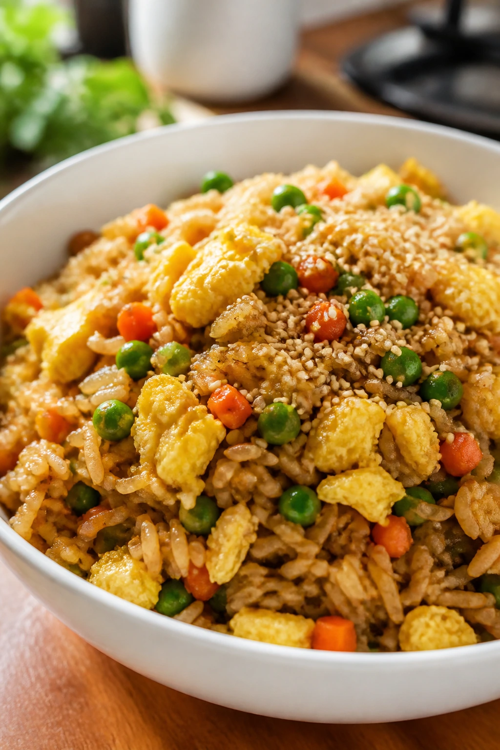 Fried rice with eggs and sesame in a white bowl