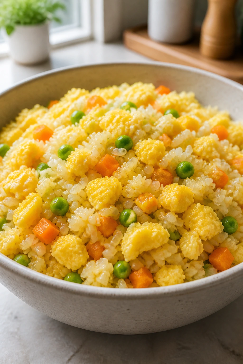 Soft veggie egg fried rice in bowl with carrots and peas