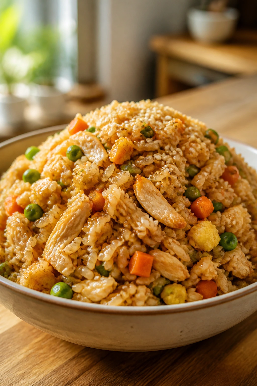 Close-up of chicken fried rice with sesame in a bowl, featuring peas, carrots, and egg.