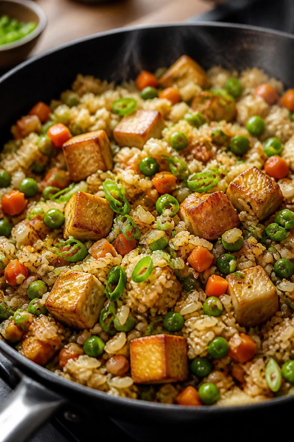 Close-up of Veggie Fried Rice with Tofu and Scallions in a skillet