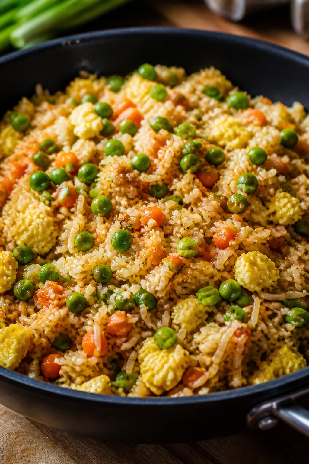 Close-up of colorful veggie fried rice in a pan