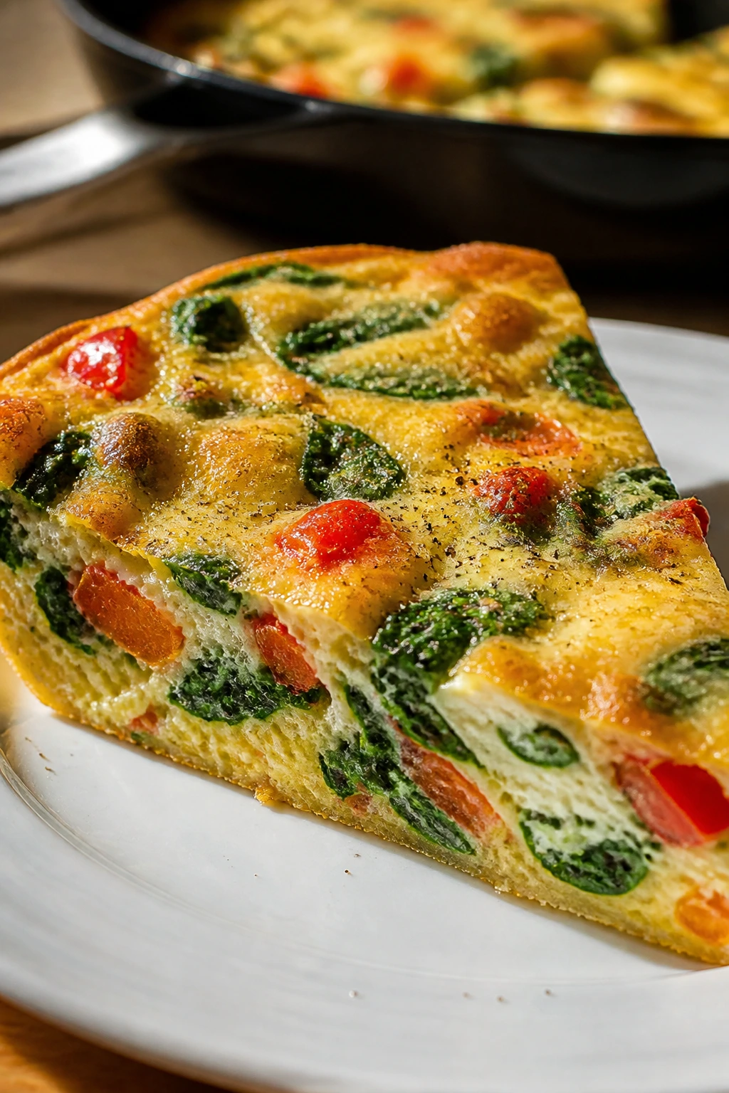 Close-up frittata slice filling the plate