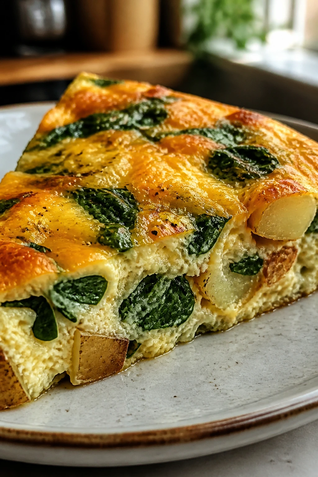Slice of frittata with potatoes and cheese on a plate