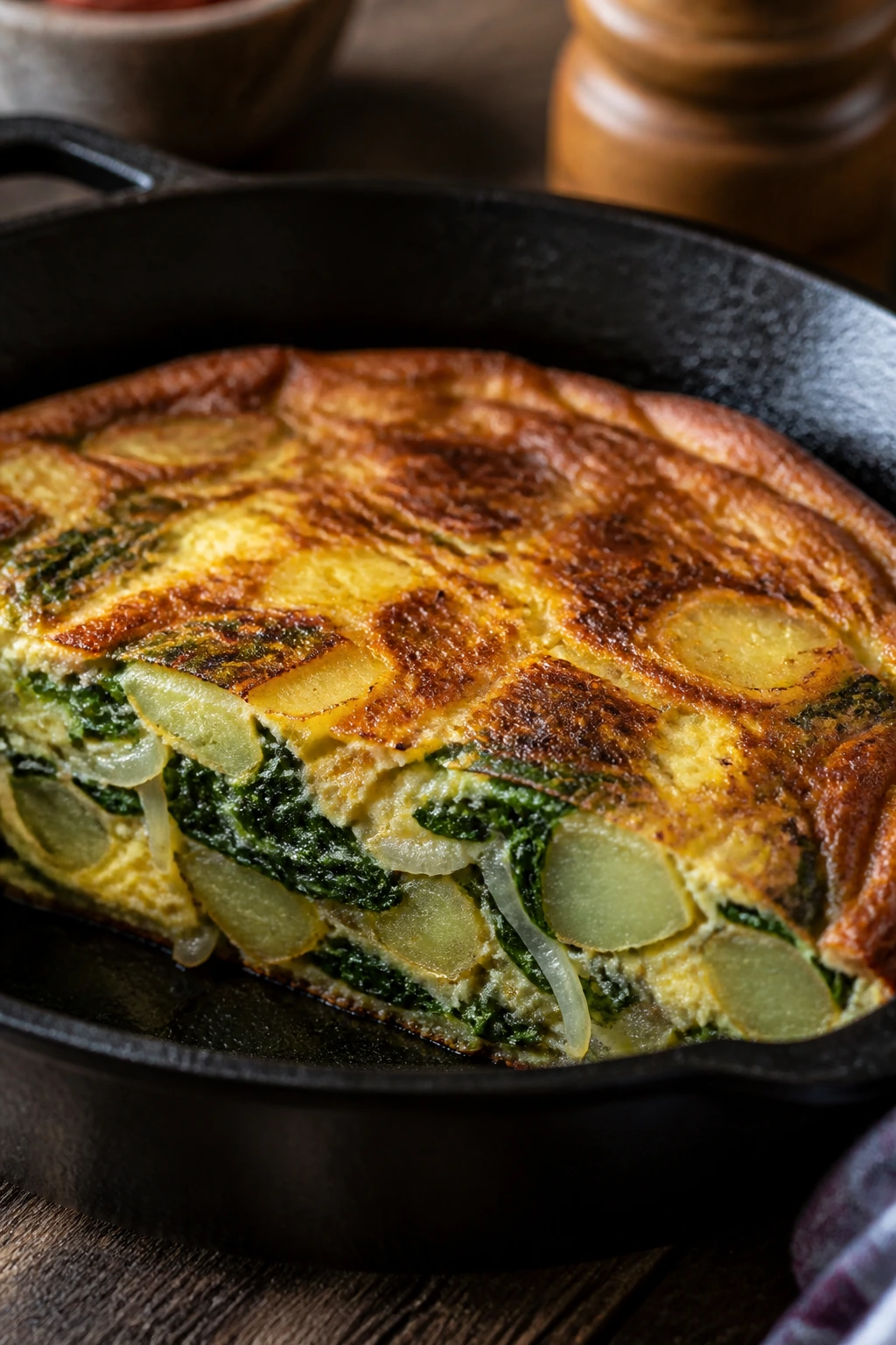 Frittata slice with potatoes and greens in a cast-iron skillet.
