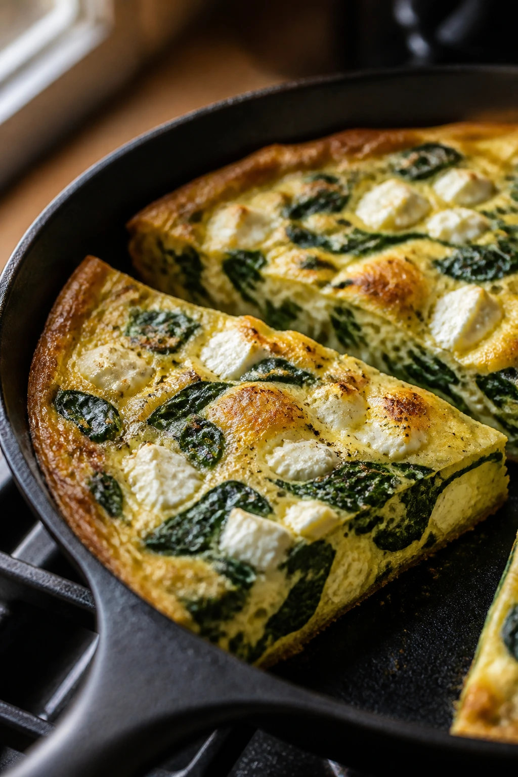 Close-up of spinach goat cheese frittata slice in skillet