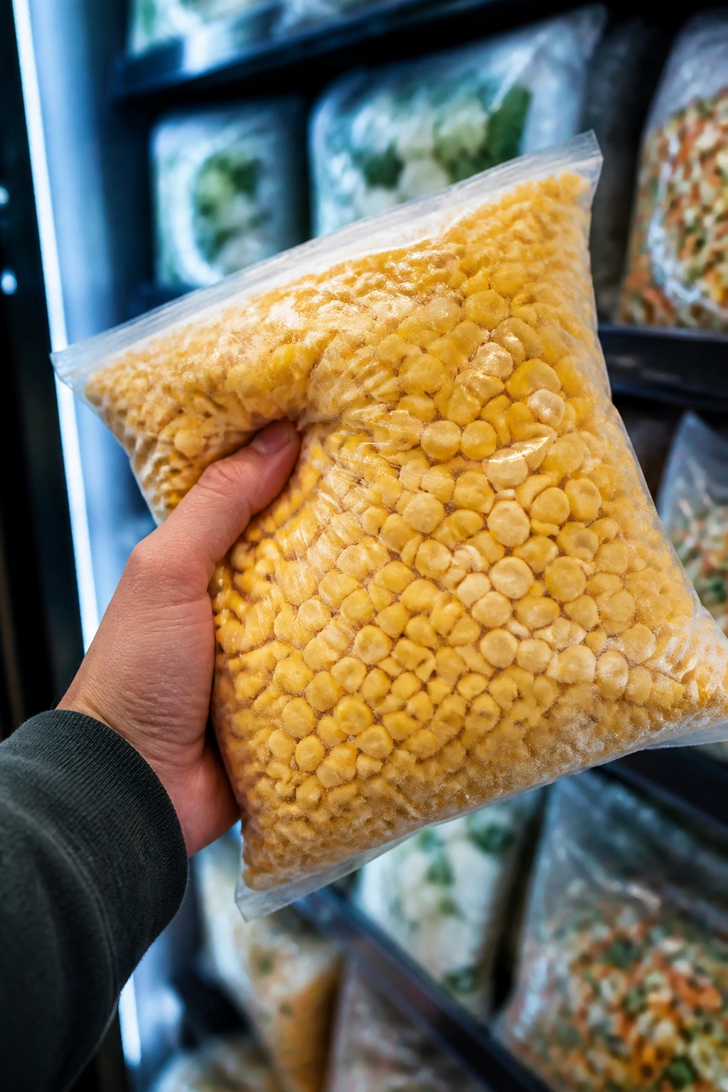 Close-up of a shopper's hand holding a bag of frozen corn in a grocery freezer
