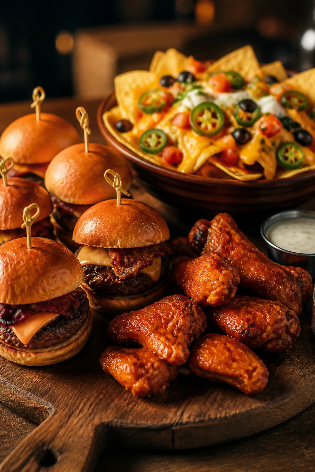 Rustic wooden board with sliders, wings, and nachos as a memorable game-day spread