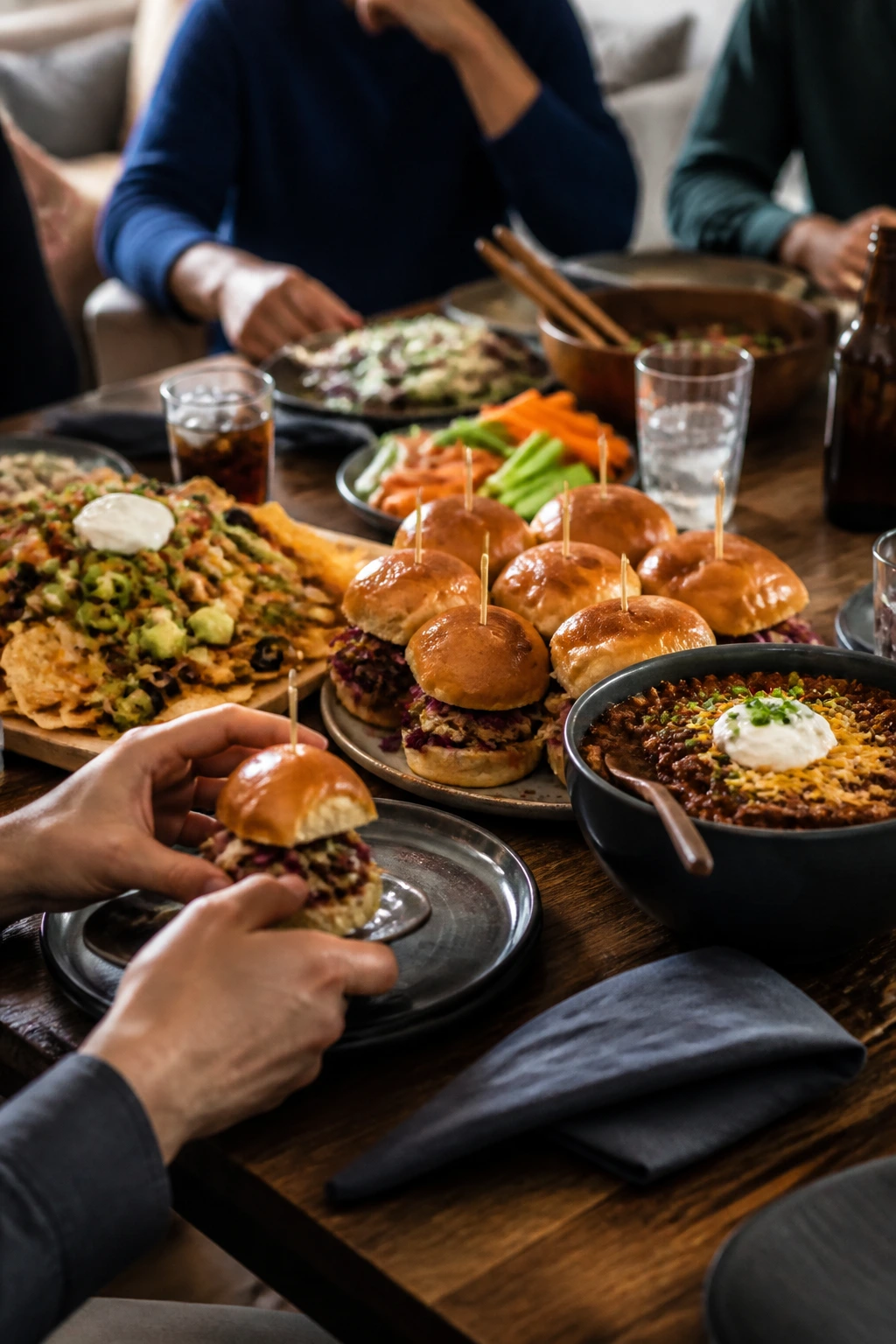 Rustic dining table with buffalo sliders, nachos, and chili ready to share