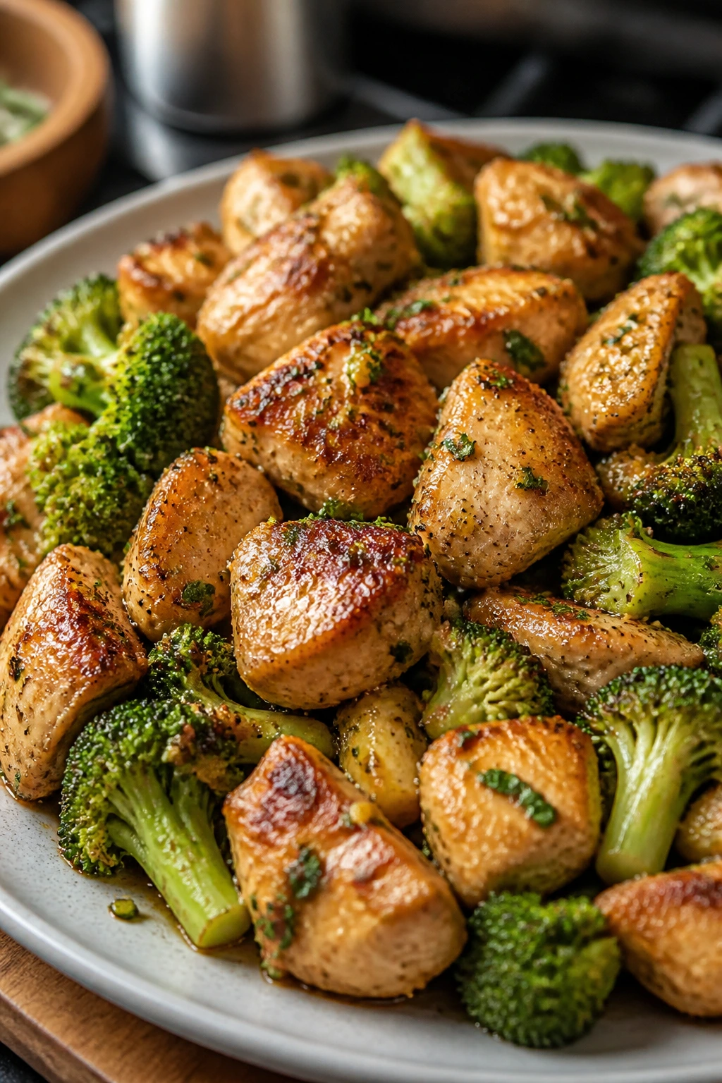 Garlic butter chicken bites with broccoli on plate