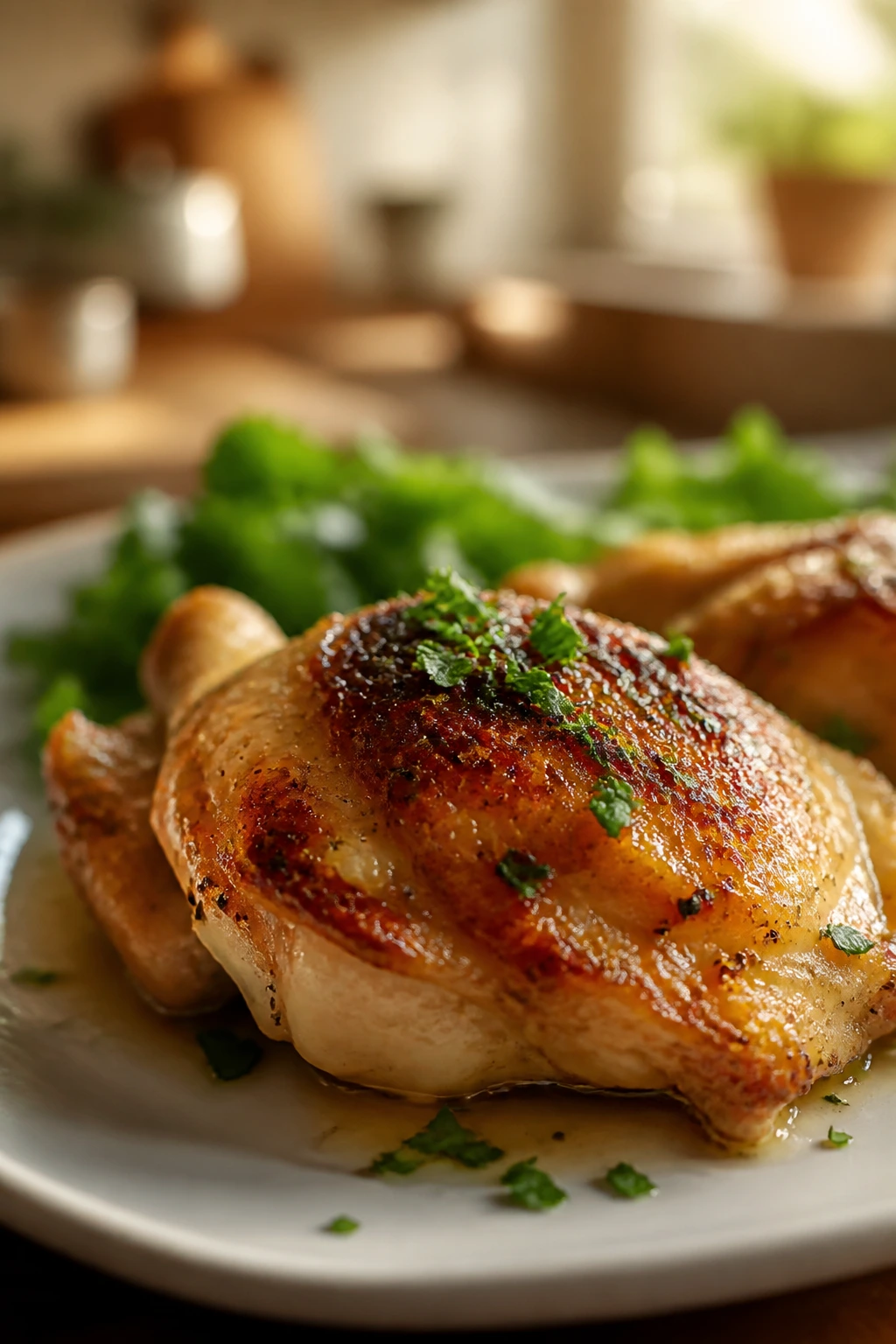 Garlic butter chicken thigh with parsley garnish on a plate