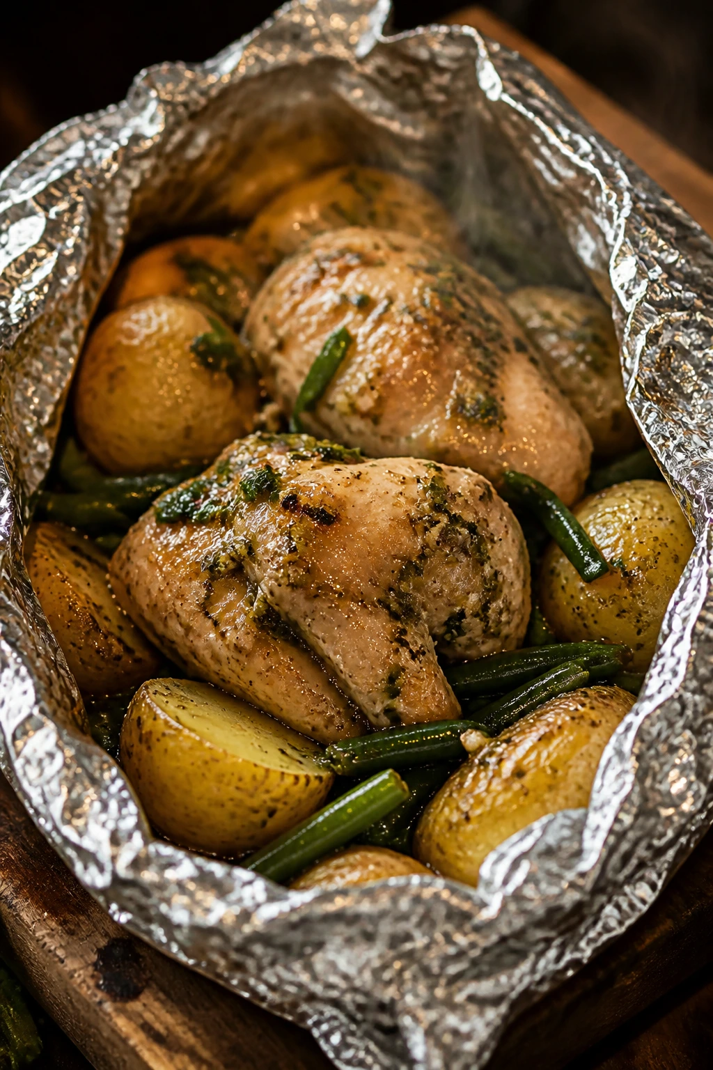 Foil packet opened to show garlic butter chicken, potatoes, and green beans at campsite