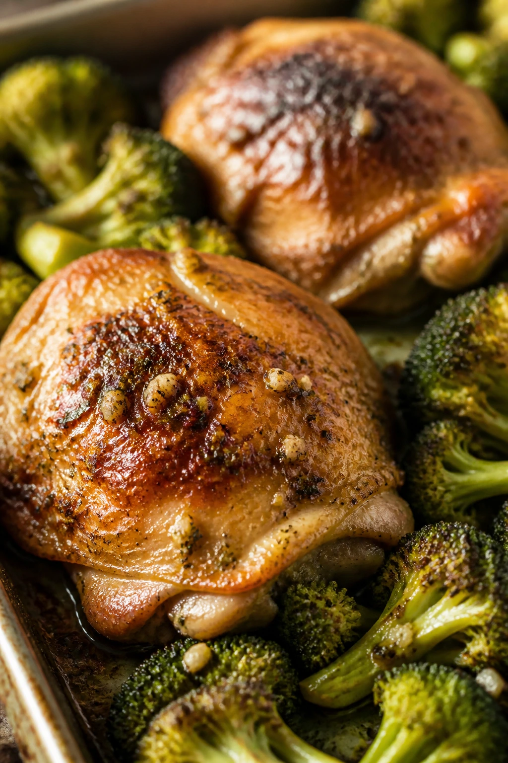 Close-up of garlic butter chicken thigh with broccoli in a home kitchen