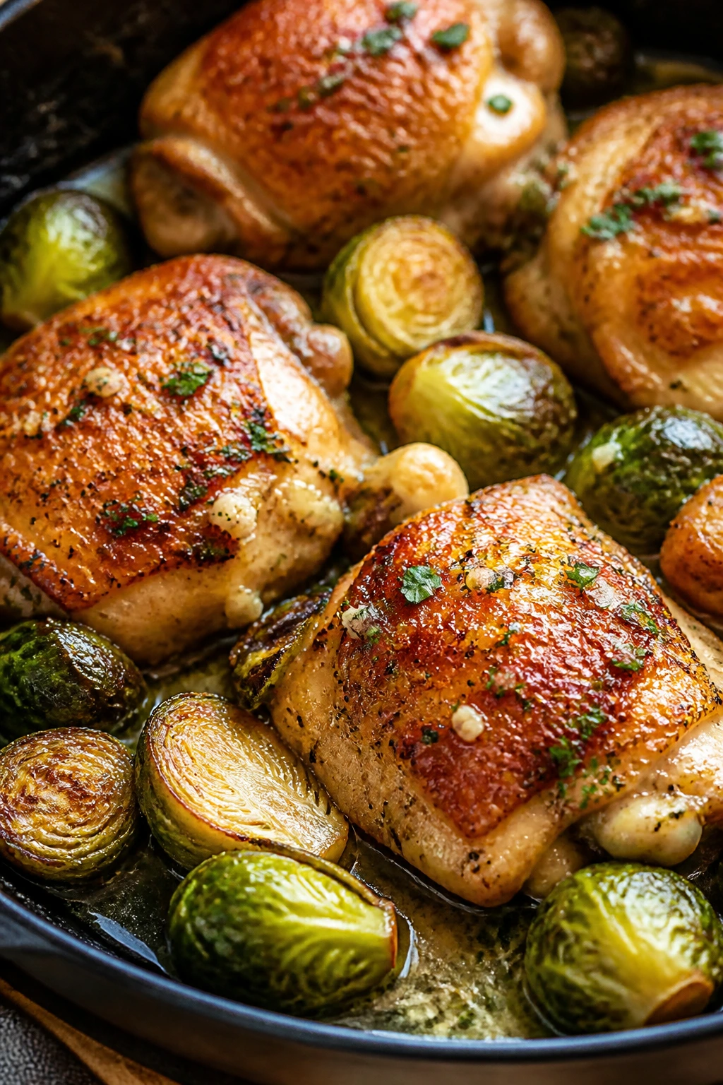 Garlic butter chicken thighs with Brussels sprouts on plate