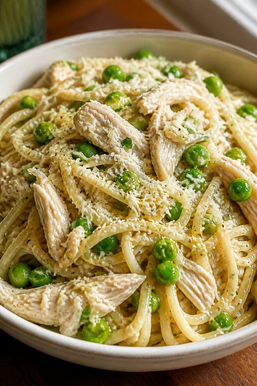 Close-up of garlic butter parmesan noodles with peas and chicken in a bowl