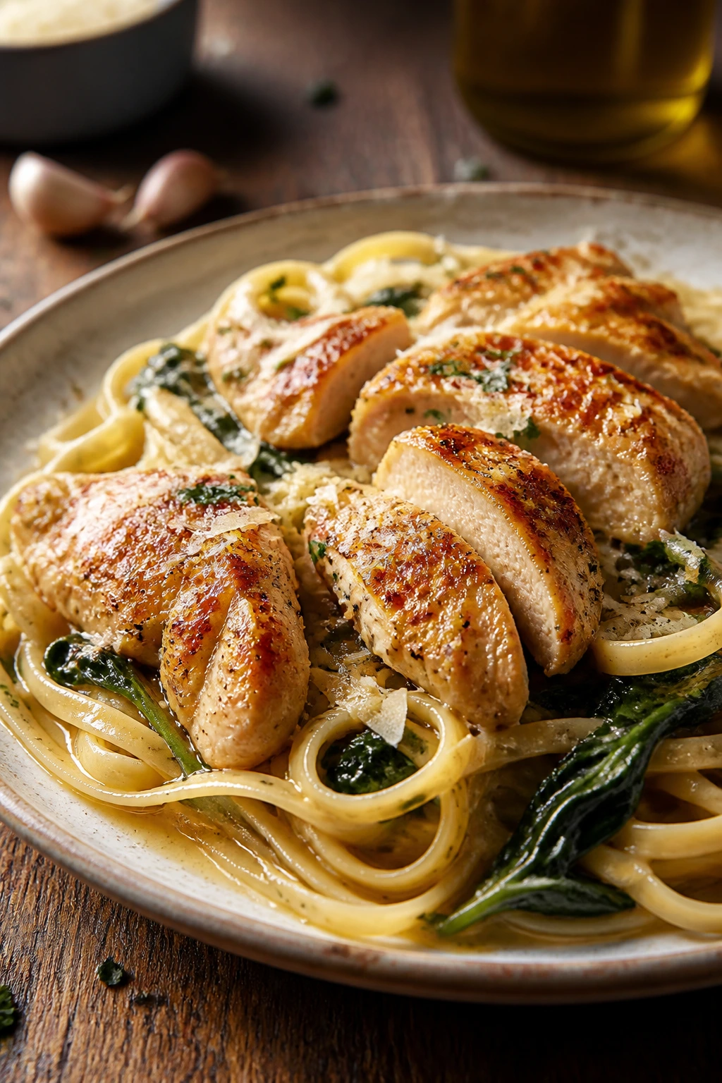 Close-up of garlic butter chicken pasta with parmesan on a rustic table