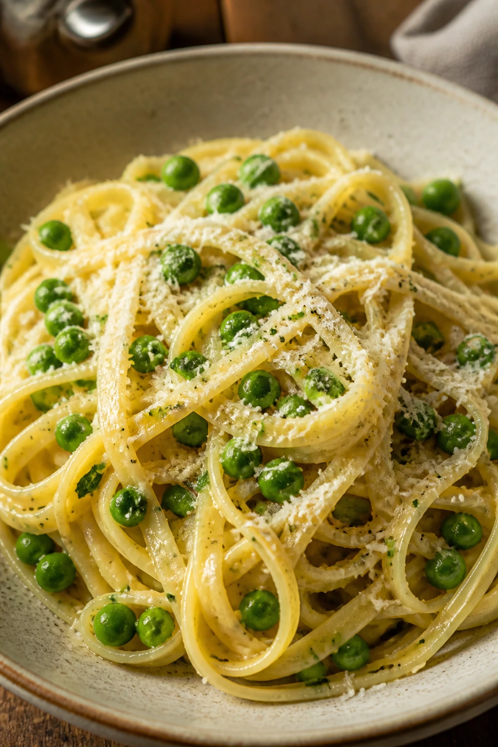 Close-up garlic butter pasta with peas and parmesan on a plate