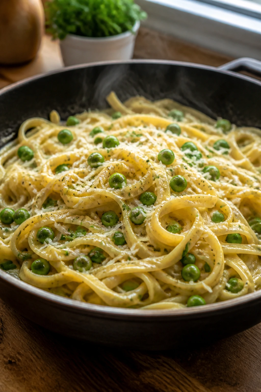Close-up of garlic butter pasta with peas and parmesan in a skillet