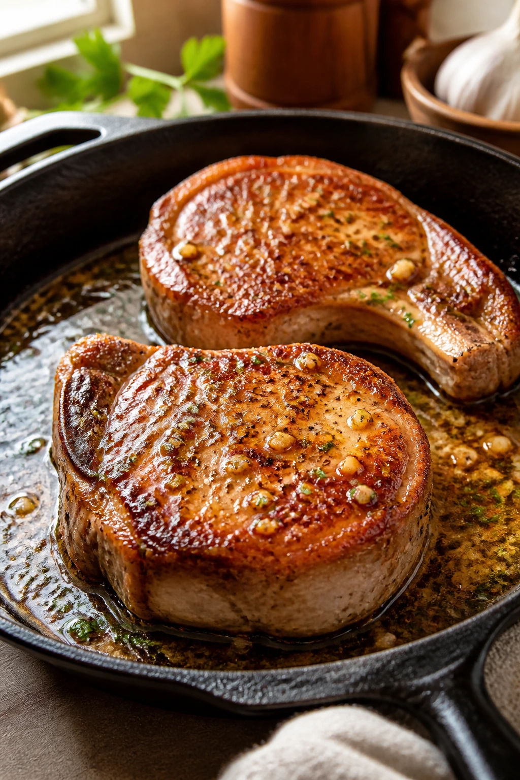 Juicy garlic butter pork chops seared in a skillet with browned bits