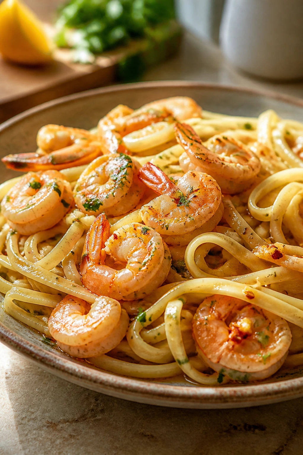 Close-up of garlic butter shrimp with linguine on a rustic plate.