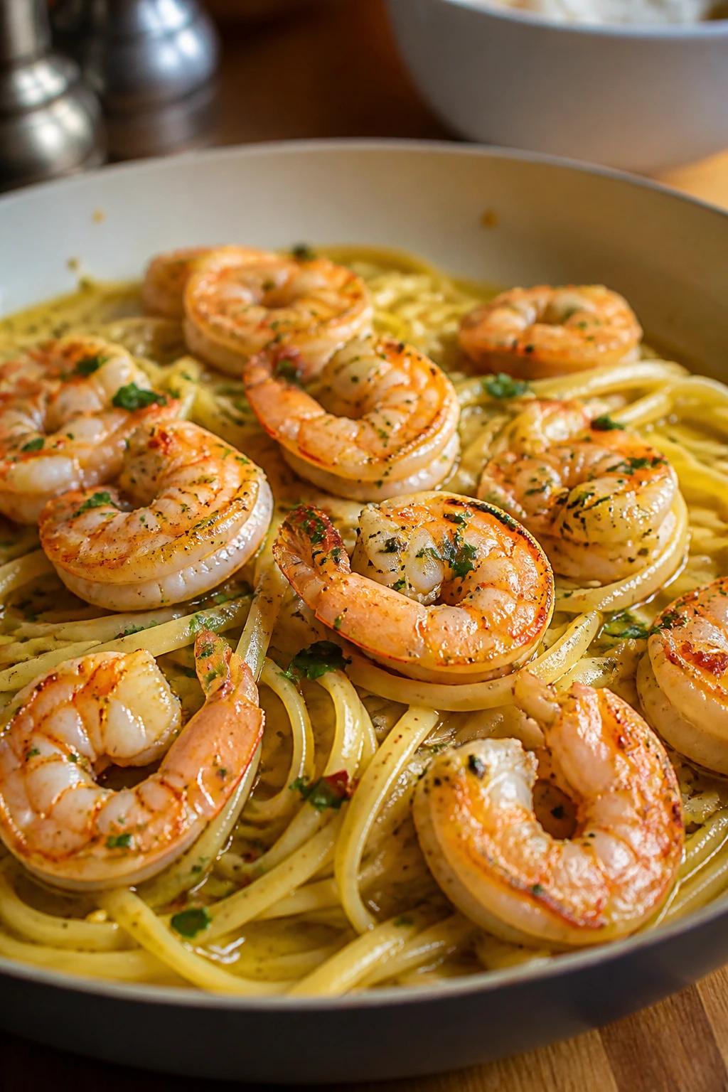 Close-up of garlic butter shrimp linguine on plate