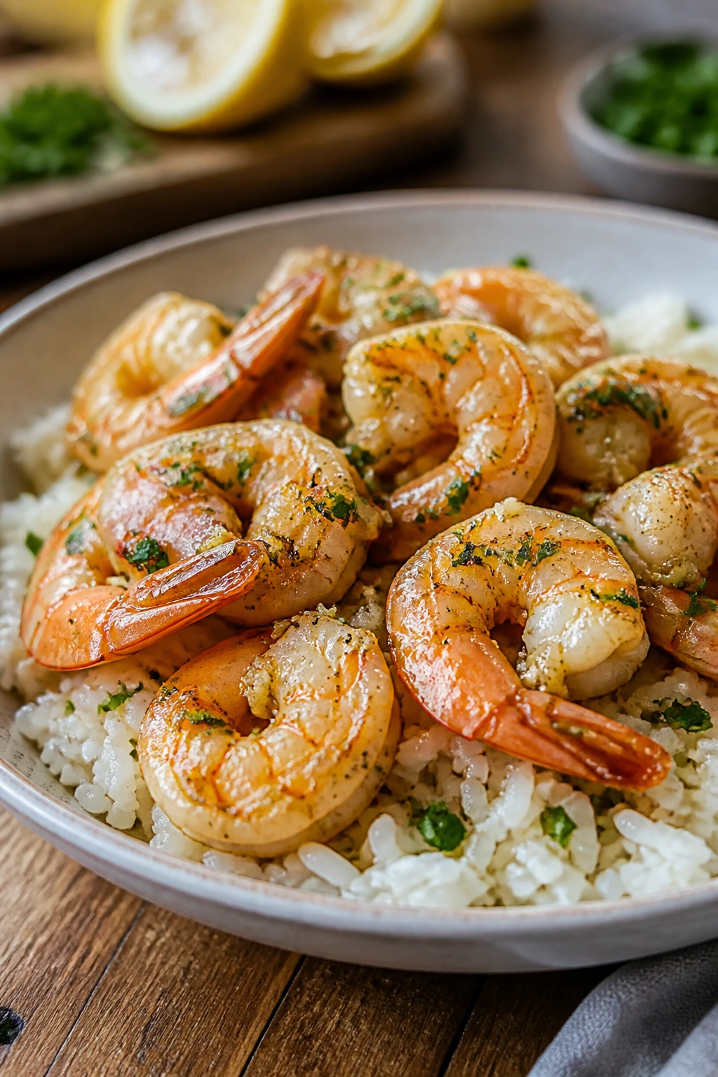 Garlic butter shrimp over rice with lemon and parsley