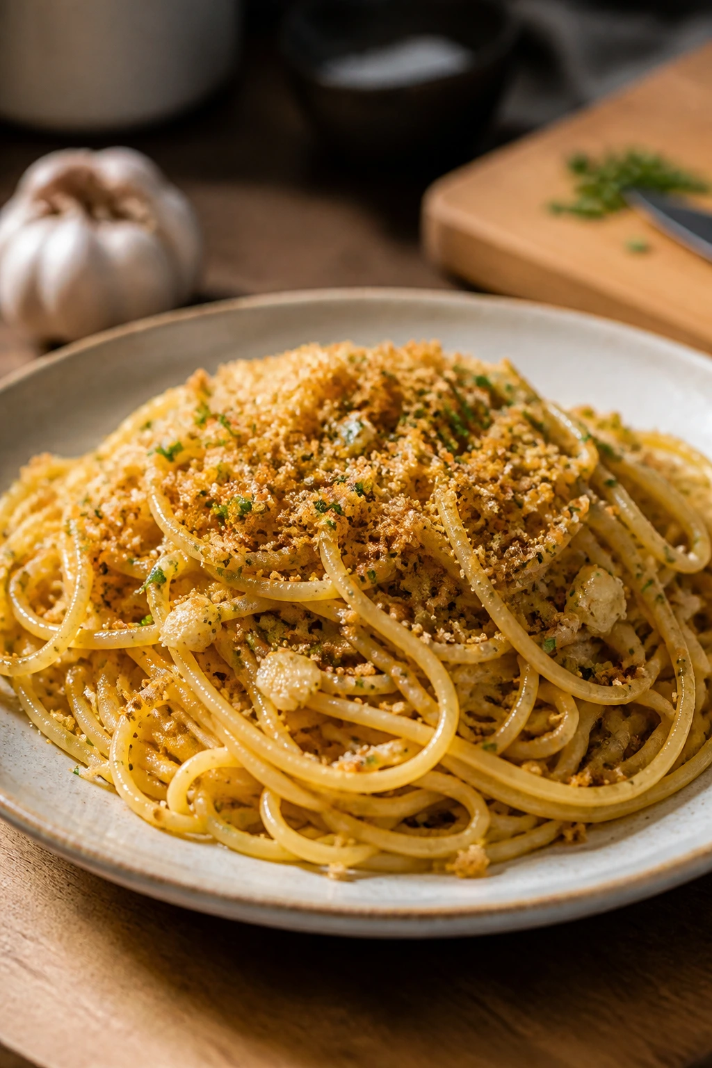 Close-up of garlic butter spaghetti with toasted breadcrumbs on a plate