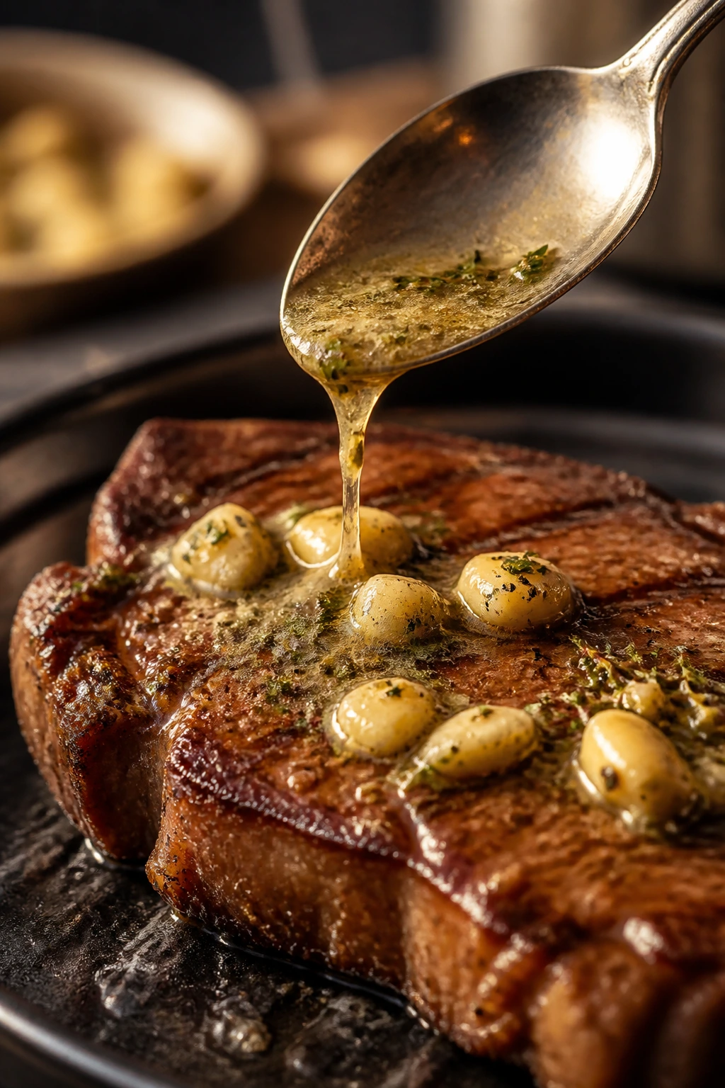 Steak with garlic butter finishing drizzled over the surface.