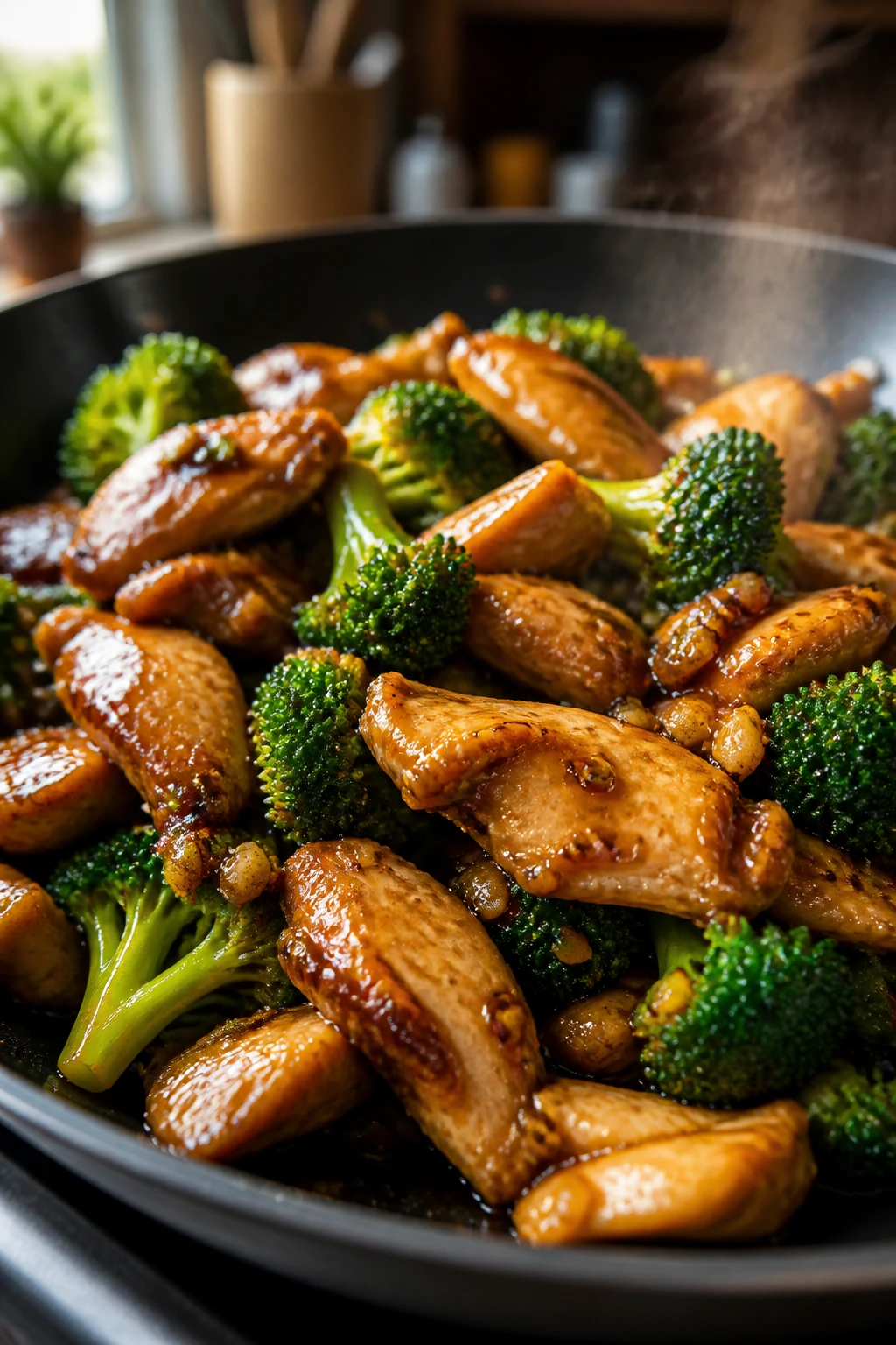 Close-up of garlic ginger chicken and broccoli stir-fry in a skillet