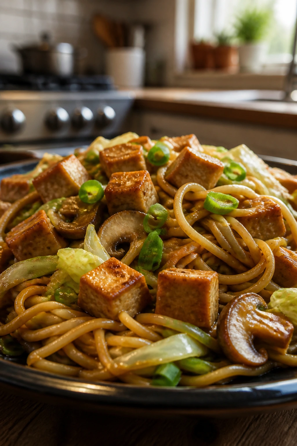 Lo mein with tofu, vegetables and garlic sauce on a plate